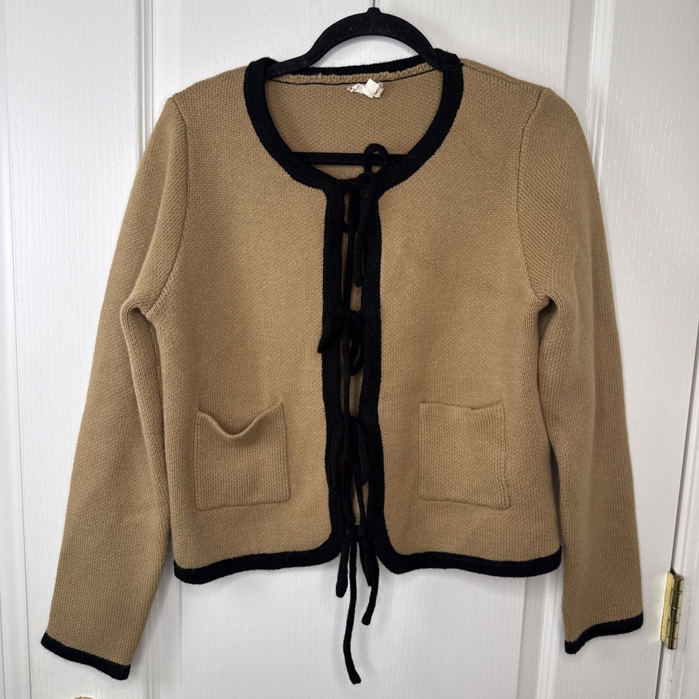 Hem Thread Womens Camel Cardigan Sweater Size M Black Trim Braided Tie Front